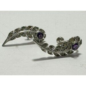 Art Decco Style Silver Marcasite Amethyst Feather Leaf Screw Back Vintage Earrin